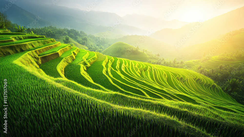Fototapeta premium Lush green terraced rice fields under a golden sunrise in a mountainous landscape.