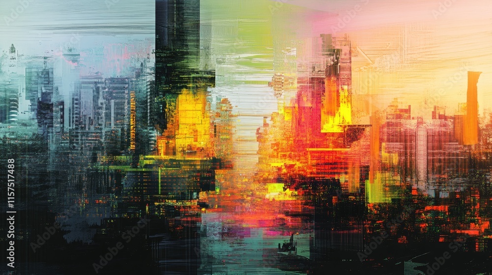 Glitch art-inspired futuristic cityscape with neon accents Glitch art-inspired futuristic cityscape with neon accents