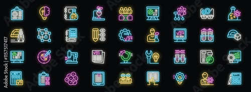 Stem education neon icon set showcasing various aspects of science, technology, engineering, and mathematics, promoting innovation and learning