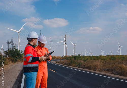 Engineer and technician are working together to plan serious repairs on wind turbines to store backup power for use when needed.