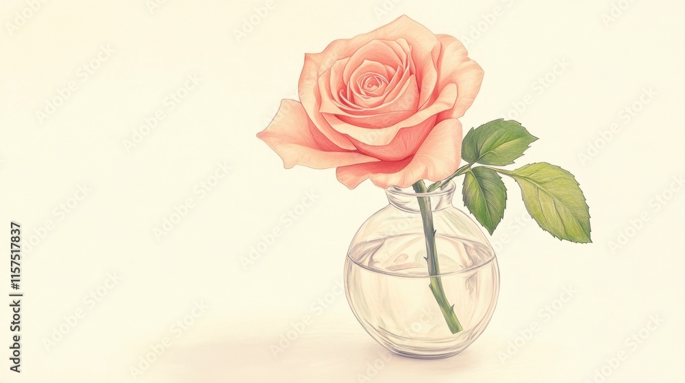 Single Peach Rose in Glass Vase, Soft Light, Elegant Still Life Single Peach Rose in Glass Vase, Soft Light, Elegant Still Life