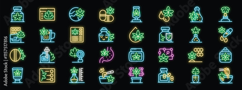 Bright neon icons representing diverse applications and products related to medical cannabis, highlighting its therapeutic uses