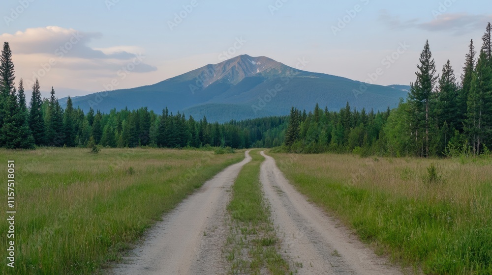 Fototapeta premium Serene Dirt Path Leading to Majestic Mountain Under Soft Blue Sky