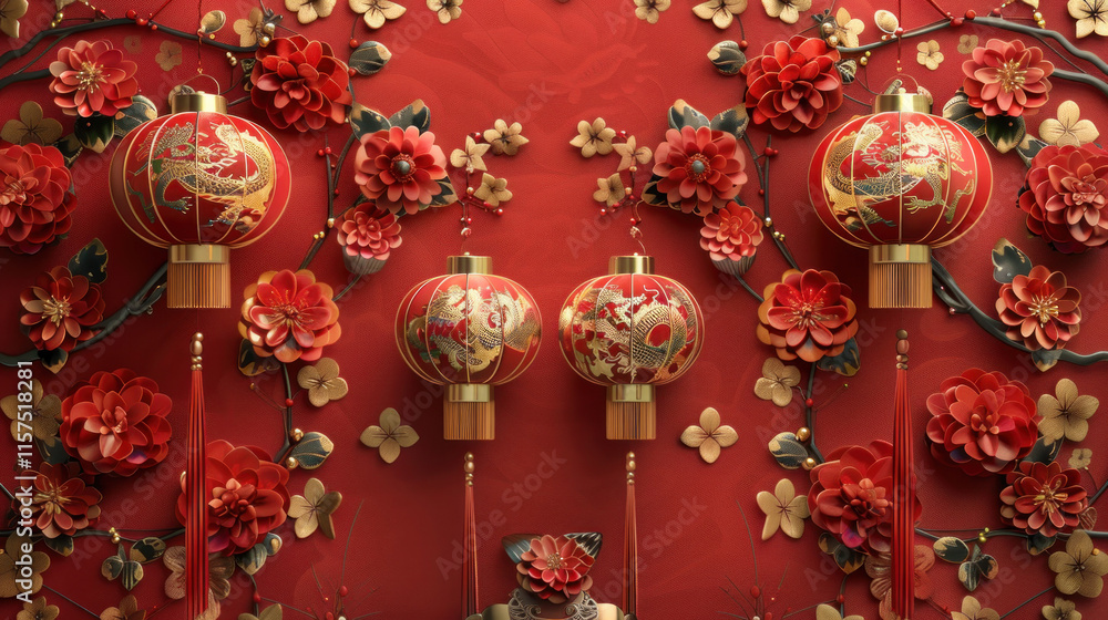 Fototapeta premium Chinese New Year decorations, traditional festive theme, vibrant colors, rich red and gold details, detailed cultural elements, high-resolution illustration