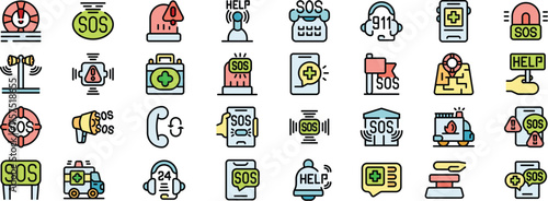 Various icons representing emergency services, communication methods, and rescue equipment used in distress situations, emphasizing the importance of quick response and effective aid