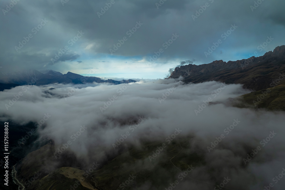 Mountains in the clouds. Low clouds in the North Caucasus mountains