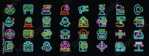 Bright neon icons symbolize various emergency services, from sos signals and 911 calls to lifebuoys and ambulances, creating a vibrant tableau against a dark backdrop