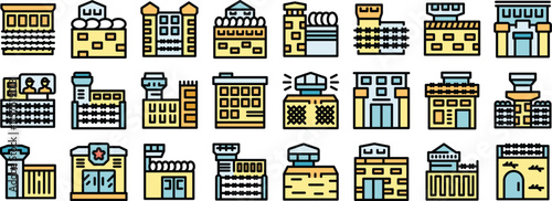 Various prison building exteriors showcasing different architectural styles and security measures, representing concepts of incarceration, law enforcement, and criminal justice