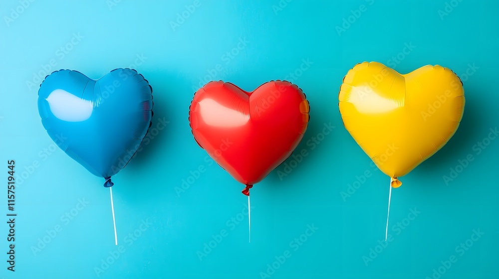 Three heart shaped balloons in blue red and yellow Three heart shaped balloons in blue red and yellow