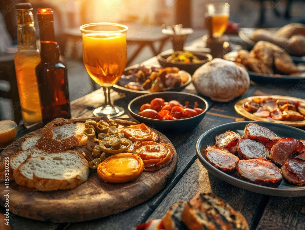 A vibrant spread of gourmet food and drinks on a wooden table. A vibrant spread of gourmet food and drinks on a wooden table.