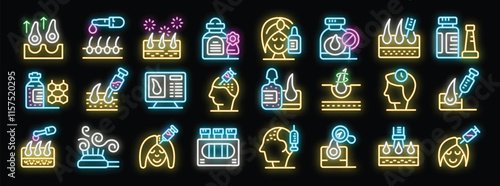 Neon icons depicting hair follicle treatments, including prp therapy, mesotherapy, and topical solutions, address hair loss concerns