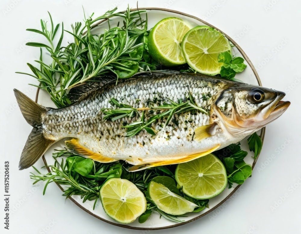 Barramundi, on a white plate, ideal for promoting a healthy diet, lifestyle or restaurant menu. Barramundi, on a white plate, ideal for promoting a healthy diet, lifestyle or restaurant menu.
