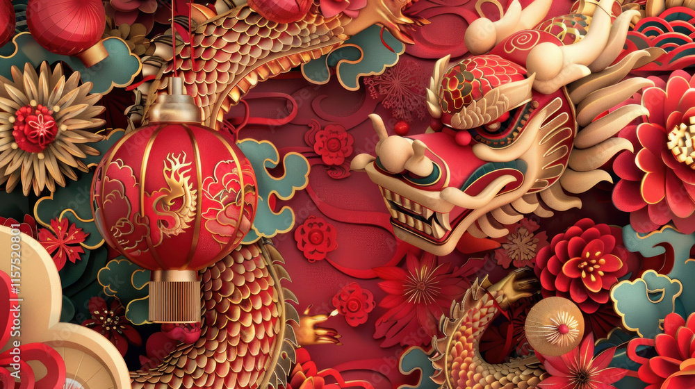 Chinese New Year festival, traditional festive theme, vibrant colors, rich red and gold details, detailed cultural elements, high-resolution illustration Chinese New Year festival, traditional festive theme, vibrant colors, rich red and gold details, detailed cultural elements, high-resolution illustration
