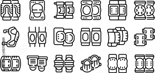 Knee pads icons set. Knee and elbow pads providing safety and support during various activities, ensuring joint protection and injury prevention