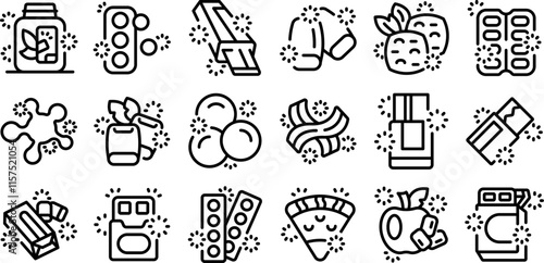 Chewing gum icons set. Various sugar substitutes and sweeteners sparkling and offering healthy alternatives for a balanced lifestyle