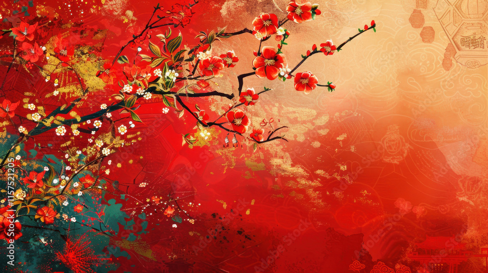 Chinese New Year festival, traditional festive theme, vibrant colors, rich red and gold details, detailed cultural elements, high-resolution illustration