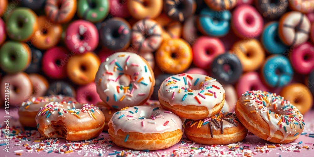 A delightful assortment of sweet treats, frosted donuts with sprinkles, rests on a pink surface against a backdrop of numerous colorful donuts. A delightful assortment of sweet treats, frosted donuts with sprinkles, rests on a pink surface against a backdrop of numerous colorful donuts.