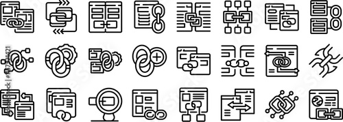 Backlink icons set. Icons depicting cross linking of website pages, data synchronization, and integration, symbolizing connection, network, and system unity