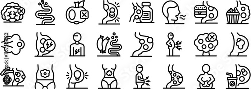 Bloating icons set. People experiencing digestive problems, discomfort, and symptoms related to stomach and gut health