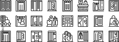 Fitting room icons set. Line icons represent various aspects of fitting rooms, including changing areas, mirrors, clothing, shopping bags, and payment options, emphasizing the customer experience in