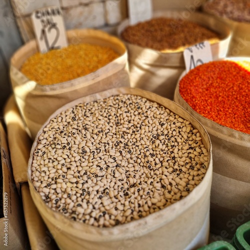 Close up of peas and kidney beans in the market