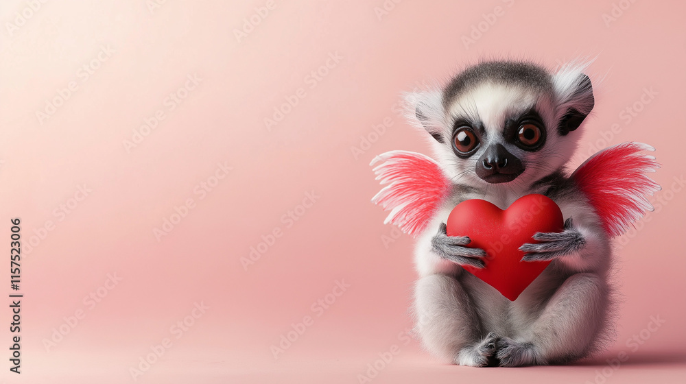 Obraz premium A cute lemur with red and white wings holding a red heart , set against a soft pink background flat surface. The design features ample blank space, making it perfect for a Valentine’s Day gift card