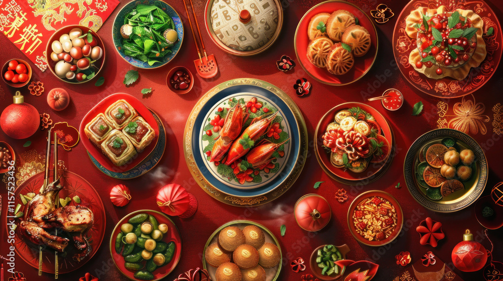 Chinese New Year food, traditional festive theme, vibrant colors, rich red and gold details, detailed cultural elements, high-resolution illustration
