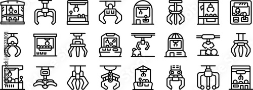 Claw machine game icons set. Collection of claw crane machines gripping various items, showcasing arcade entertainment and the challenge of winning prizes