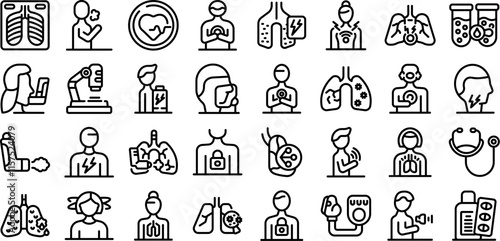 Asthma symptoms icons set. Set of simple black and white icons representing respiratory diseases, symptoms, diagnostic procedures, and treatments