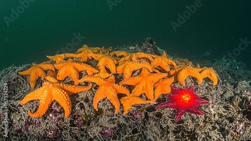 A vibrant underwater scene featuring orange and red starfish. photo