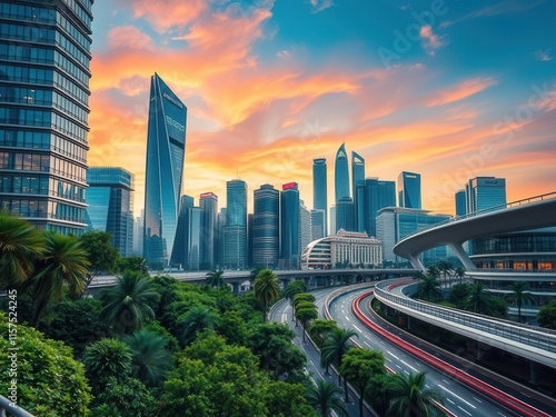 A Stunning Sunset Over the Modern Skyline of a Bustling City Filled With Skyscrapers, Lush Greenery, and Vibrant Clouds Displaying Beautiful Colors