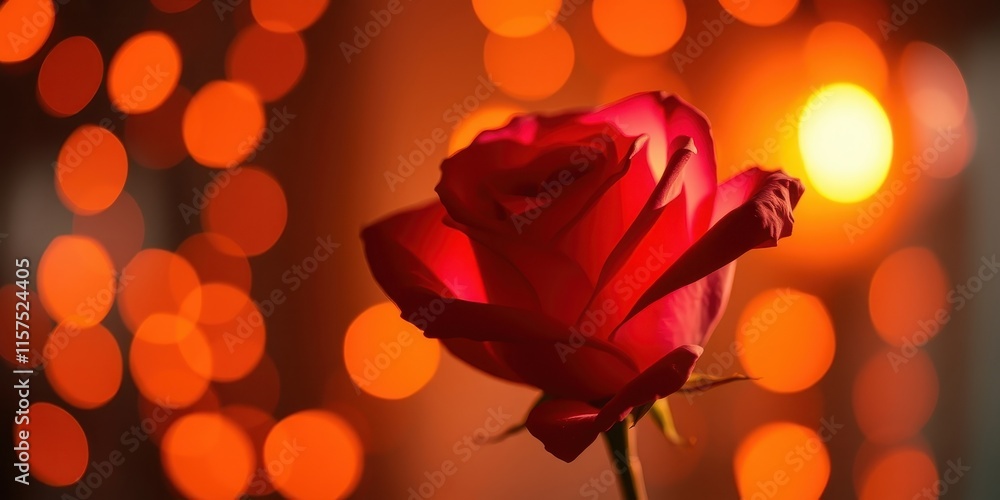 Obraz premium A Single Red Rose Illuminated by Warm Bokeh Lights