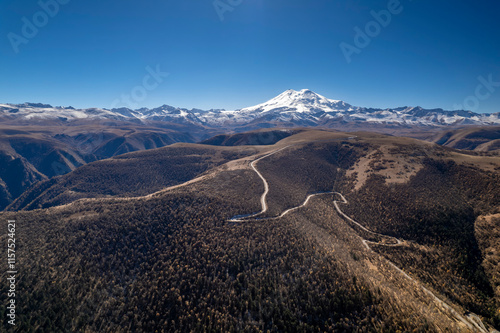 Beautiful view of the snowy peaks of Mount Elbrus. Landscape and nature of the North Caucasus