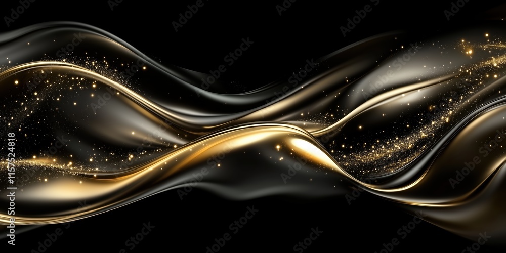 Obraz premium Graphic Design and Abstract Wallpaper, Black and Gold Liquid Ribbons with Sparkling Particles on a Dark Background