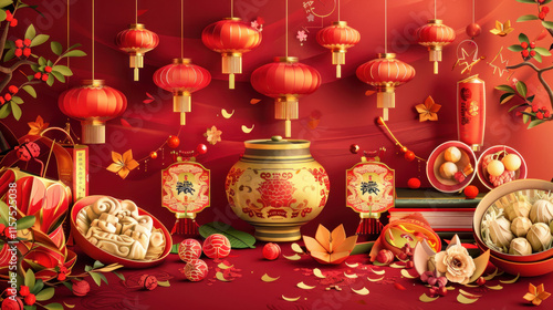 Chinese New Year illustration, traditional festive theme, vibrant colors, rich red and gold details, detailed cultural elements, high-resolution illustration photo