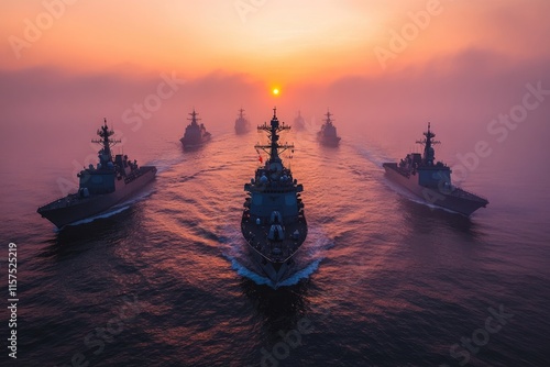 Warships sailing in formation at sunset: navy show of force