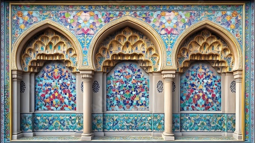 Colorful Mosaic Architectural Detail with Triple Arches