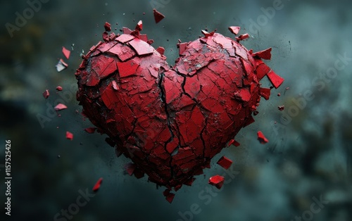 Shattered Heart: A Digital Depiction of Pain and Loss, A Broken Heart Exploding into Fragments Against a Dark Background
