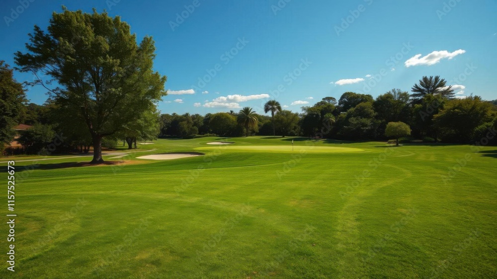 Scenic golf course landscape featuring vibrant green fairways, clear blue sky, and lush trees, perfect for outdoor sports and leisure activities in a tranquil setting. Scenic golf course landscape featuring vibrant green fairways, clear blue sky, and lush trees, perfect for outdoor sports and leisure activities in a tranquil setting.