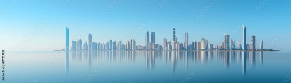 Fototapeta premium Stunning skyline reflecting on water with clear blue sky.