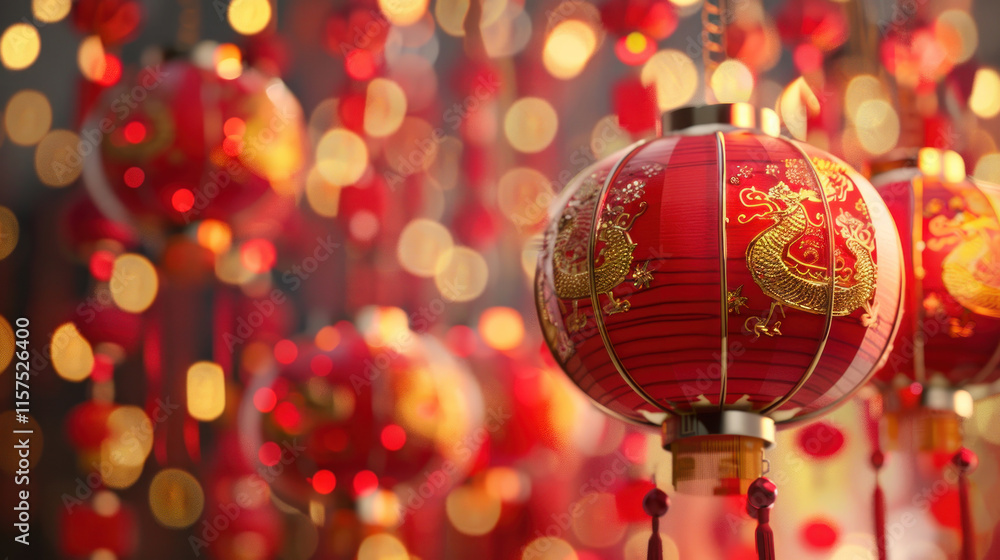 Chinese New Year lanterns, traditional festive theme, vibrant colors, rich red and gold details, detailed cultural elements, high-resolution illustration Chinese New Year lanterns, traditional festive theme, vibrant colors, rich red and gold details, detailed cultural elements, high-resolution illustration