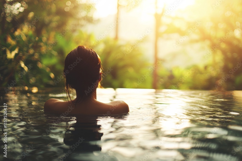 A serene view of a woman relaxing in an infinity pool surrounded by lush greenery at sunset. Perfect for travel, wellness, and relaxation themes. A serene view of a woman relaxing in an infinity pool surrounded by lush greenery at sunset. Perfect for travel, wellness, and relaxation themes.