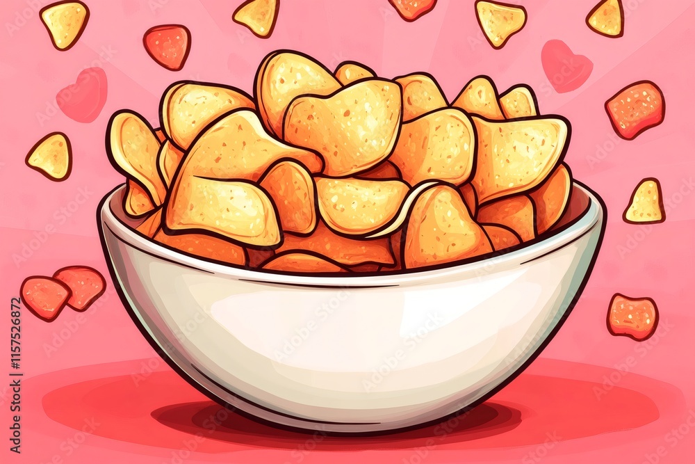 Bowl overflowing with delicious tortilla chips and heart-shaped snacks falling on pink background Bowl overflowing with delicious tortilla chips and heart-shaped snacks falling on pink background