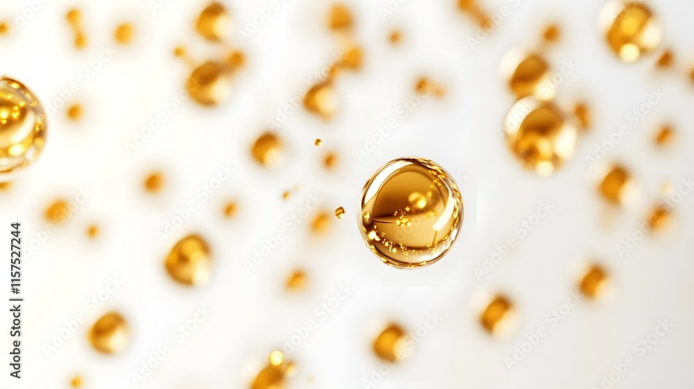 Golden Liquid Droplets Floating In White Background Golden Liquid Droplets Floating In White Background