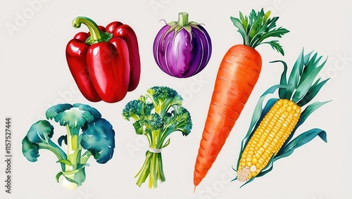 Vibrant Watercolor Vegetables Broccoli Carrot Corn Pepper Eggplant