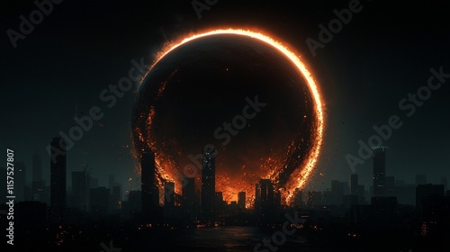 Fiery ring encircles city skyline at night. photo