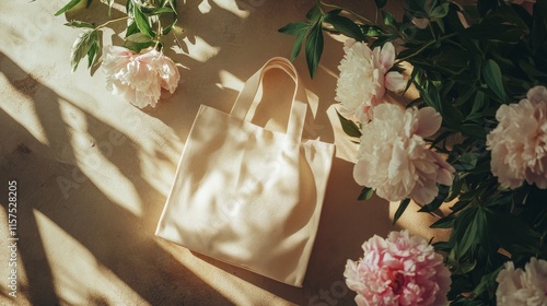 A mockup with beige fabric tote bag, lying on a sunlit surface photo