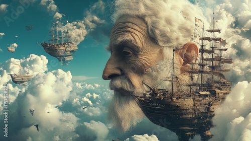 The Old Mariner's Dream: A surreal journey above the clouds with majestic sailing ships. photo