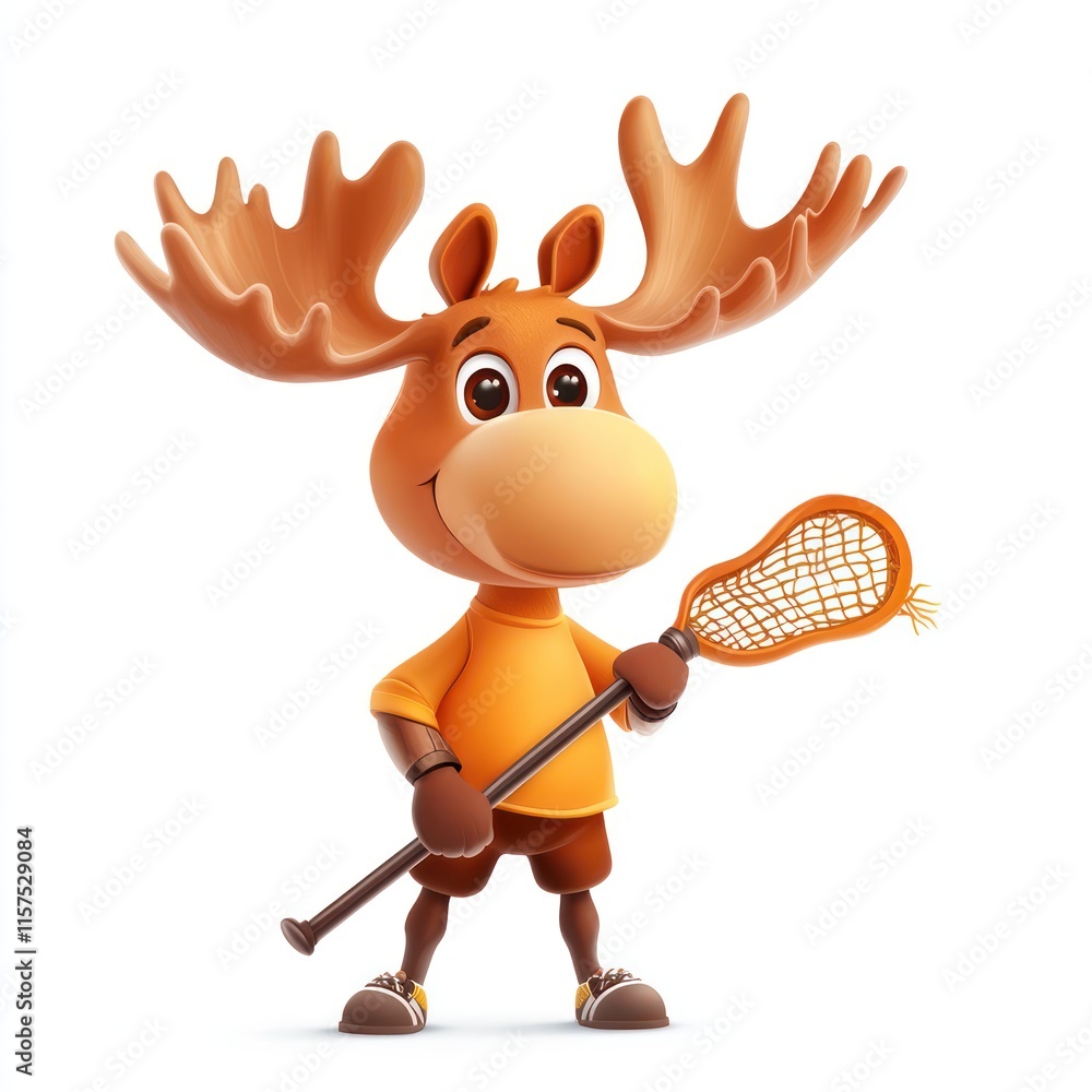 A cute moose playing lacrosse. vector style art 3d illustration Isolated on White Background A cute moose playing lacrosse. vector style art 3d illustration Isolated on White Background
