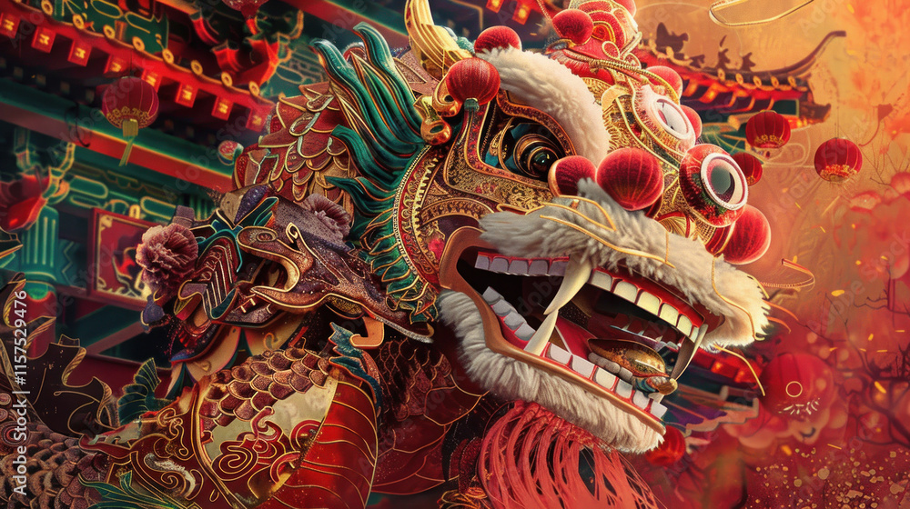 Obraz premium Chinese New Year parade, traditional festive theme, vibrant colors, rich red and gold details, detailed cultural elements, high-resolution illustration